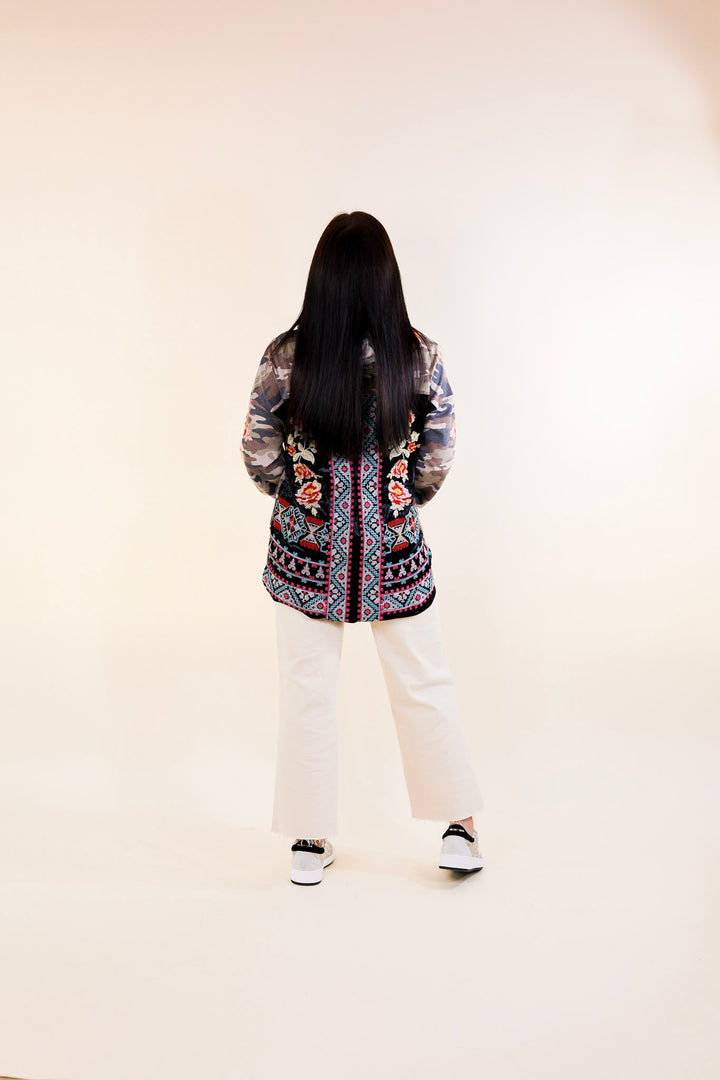 Grace and Bliss Embroidered Pullover Hoodie with Black Velvet Back in Camouflage
