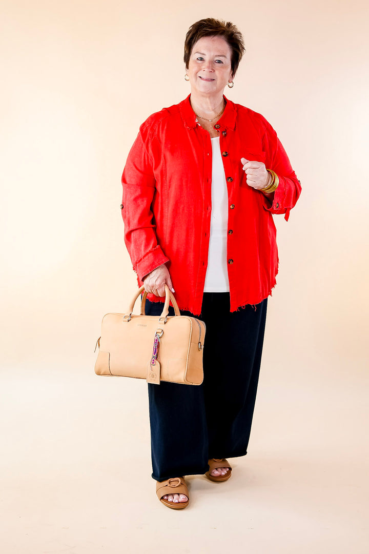 Classic Comfort Long Sleeve Linen Button Up in Cherry Red - Giddy Up Glamour Boutique