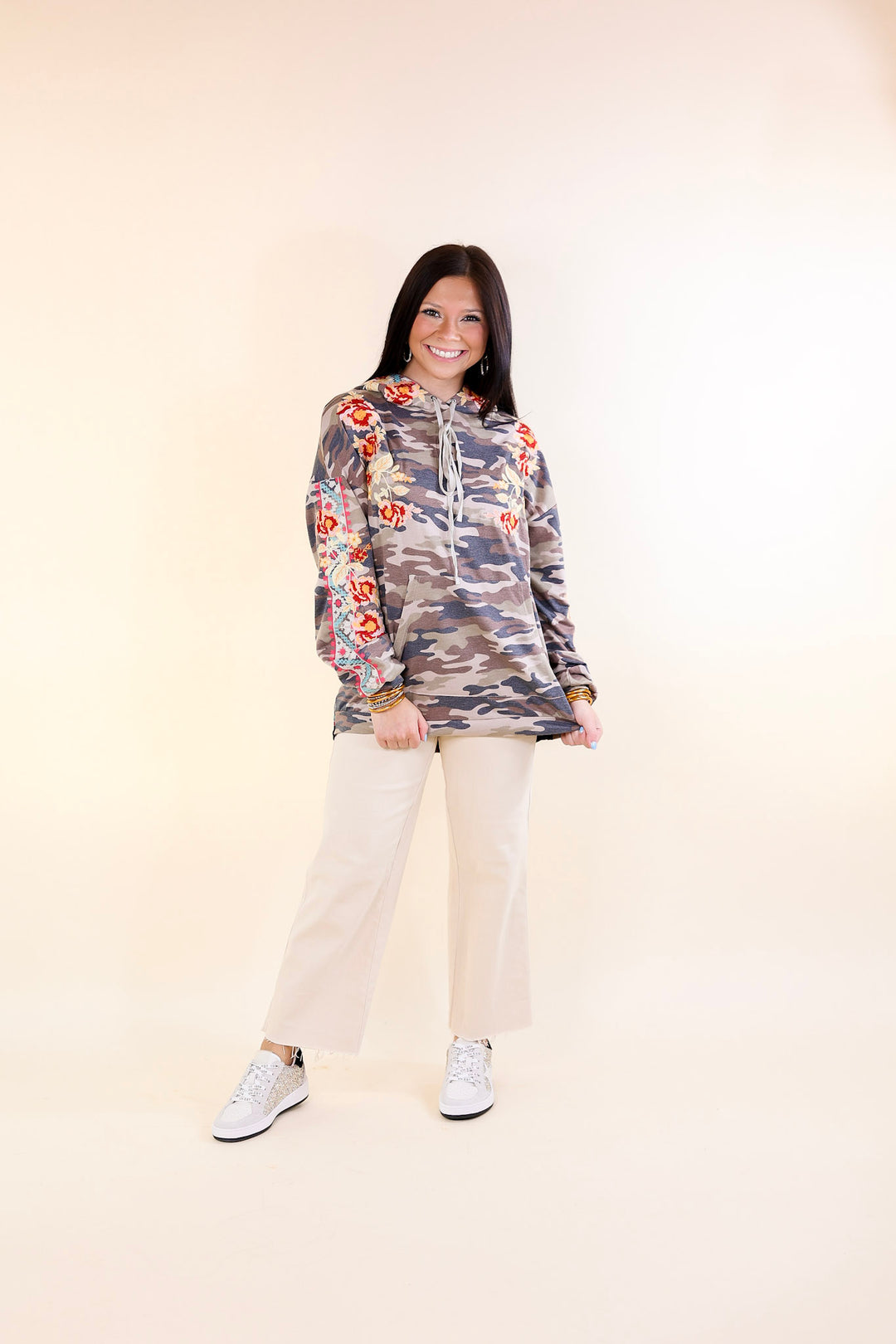 Grace and Bliss Embroidered Pullover Hoodie with Black Velvet Back in Camouflage