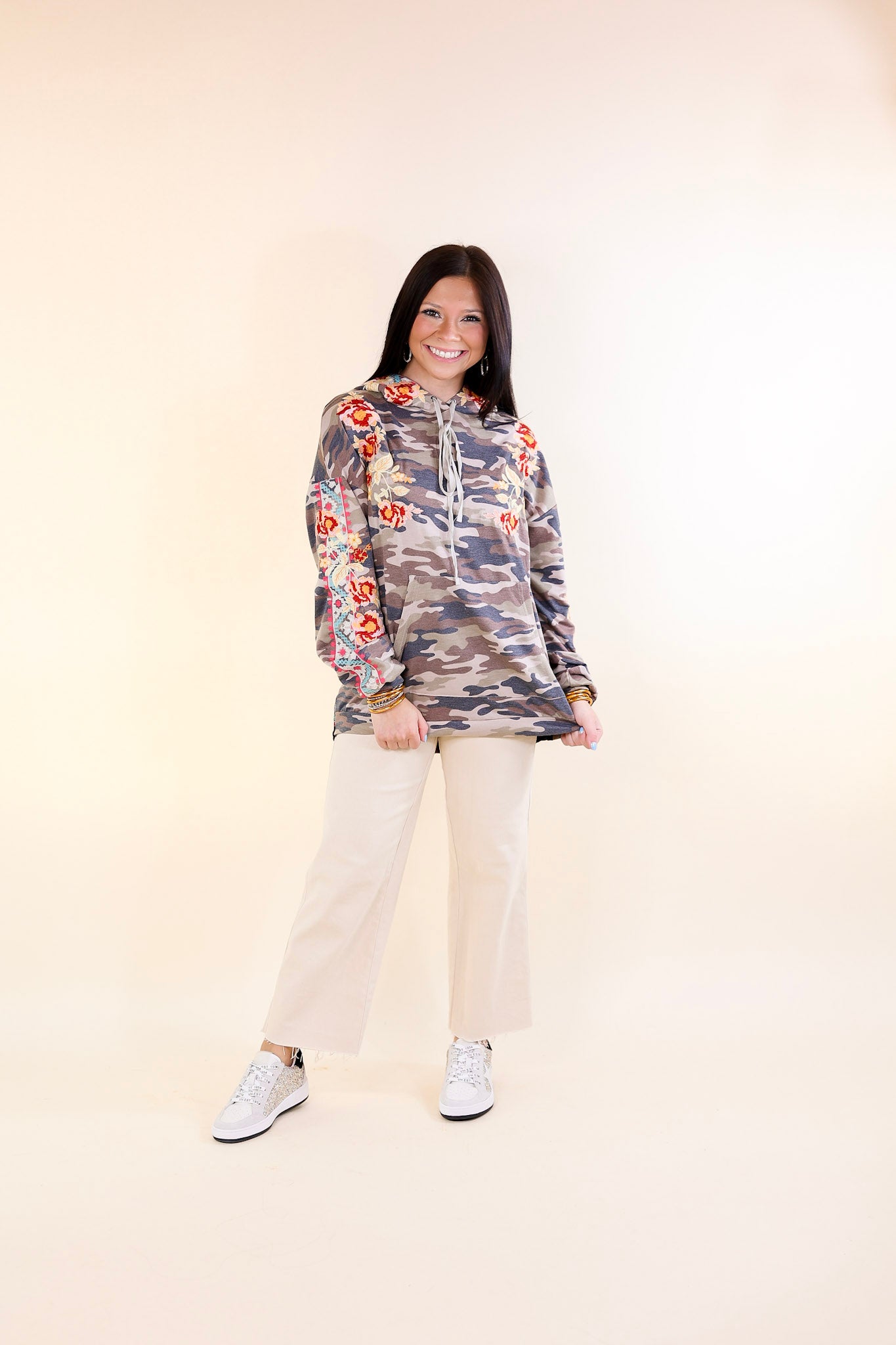 Grace and Bliss Embroidered Pullover Hoodie with Black Velvet Back in Camouflage