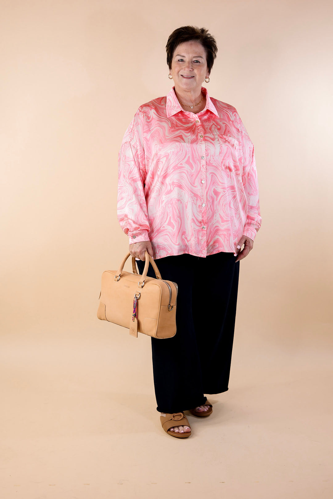 Pack A Punch Button Up Satin Marble Print Top in Pink - Giddy Up Glamour Boutique