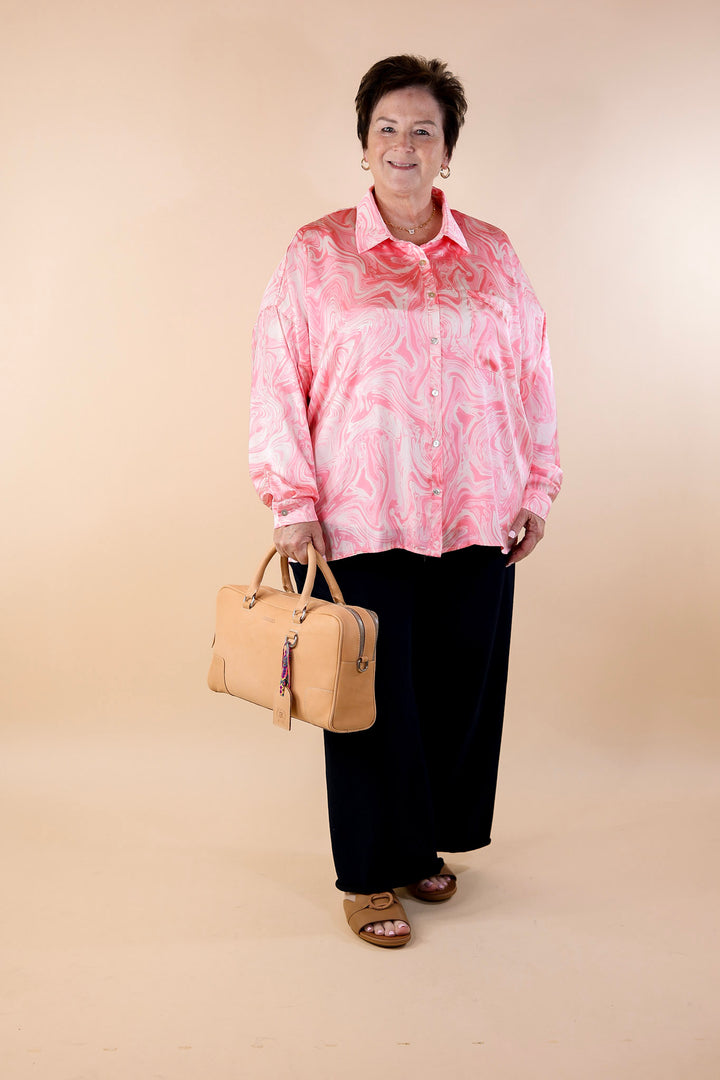 Pack A Punch Button Up Satin Marble Print Top in Pink - Giddy Up Glamour Boutique