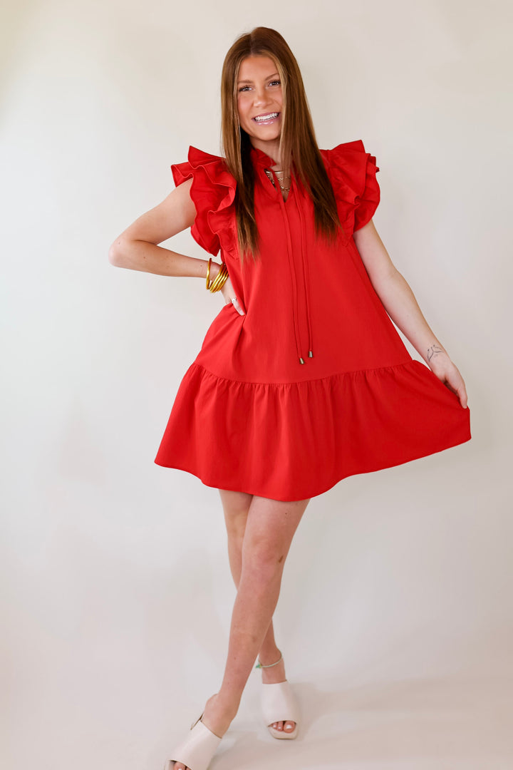 Powerful Love Ruffle Cap Sleeve Dress with Keyhole and Tie Neckline in Red - Giddy Up Glamour Boutique