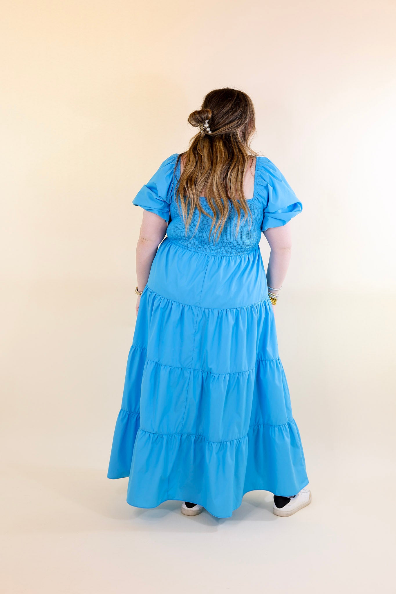 Santorini Sunshine Short Balloon Sleeve Maxi Dress in Blue