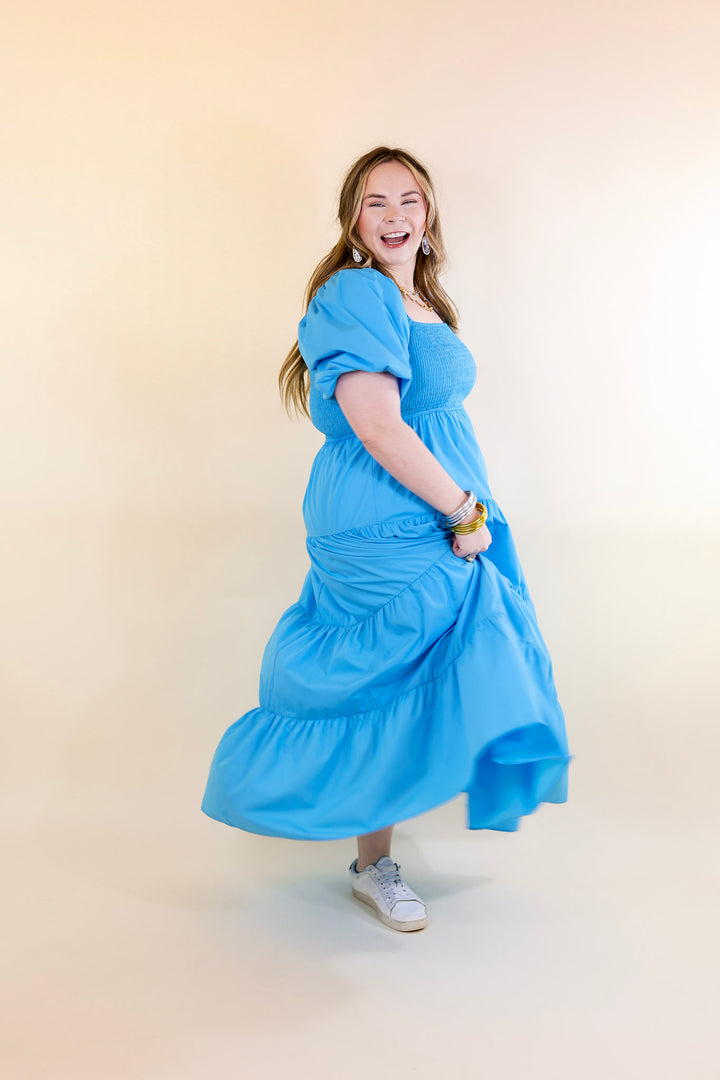 Santorini Sunshine Short Balloon Sleeve Maxi Dress in Blue