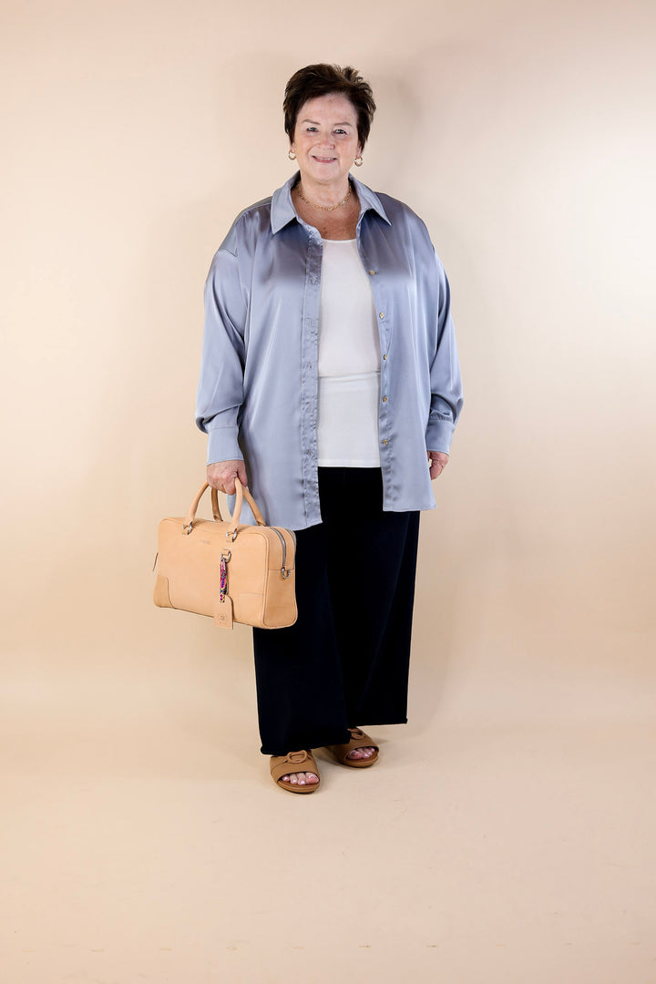 Tell Me Something Good Long Sleeve Button Up Top in Dusty Blue - Giddy Up Glamour Boutique