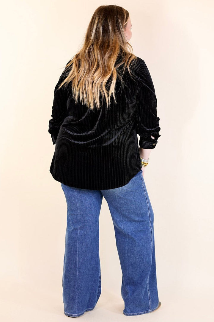 Velvet Feels Striped Velvet Button up Top In Black