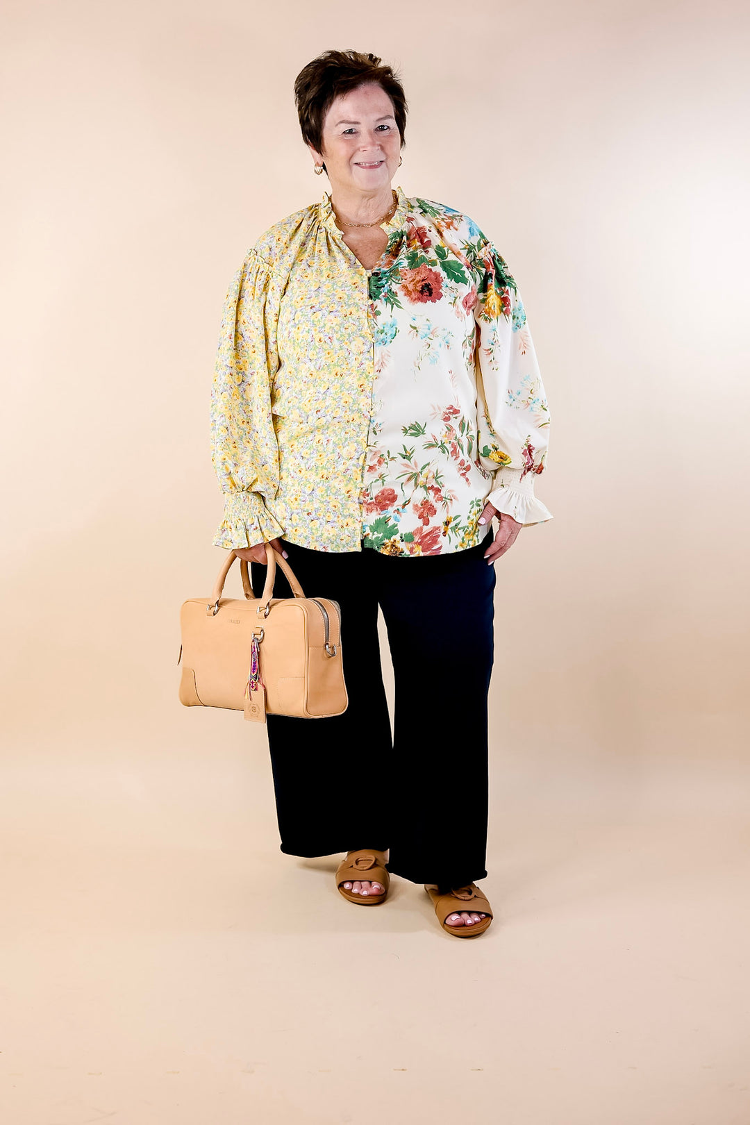 Tulip Time Floral Mix Print Button Up Blouse in Yellow - Giddy Up Glamour Boutique