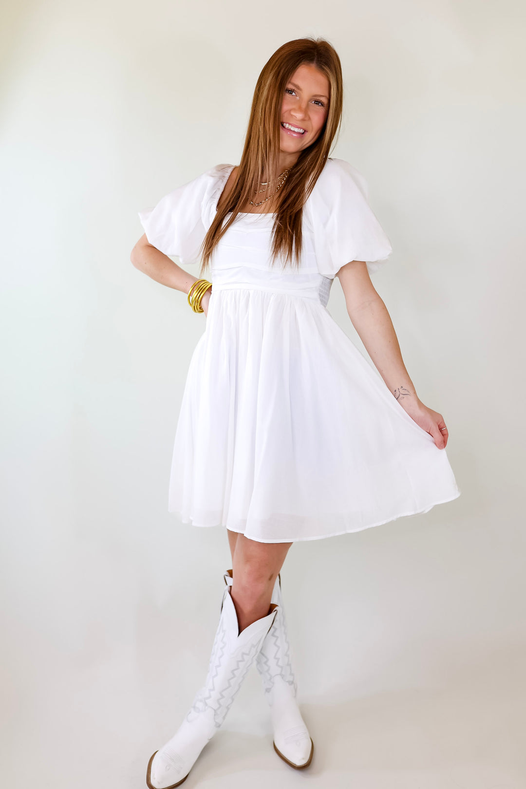 Livin Free Off The Shoulder Pleated Dress With Puffed Sleeves in White - Giddy Up Glamour Boutique