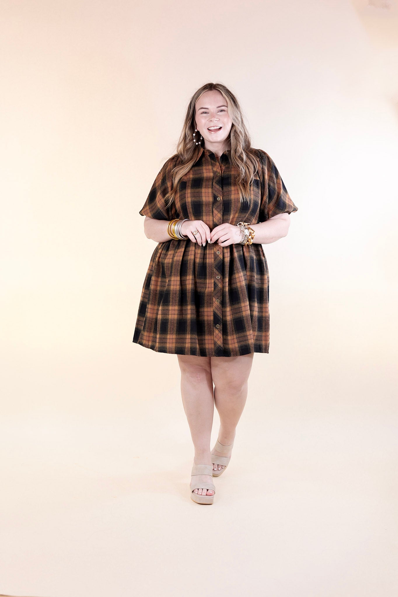 Adventures Ahead Plaid Button Up Babydoll Dress in Camel Brown