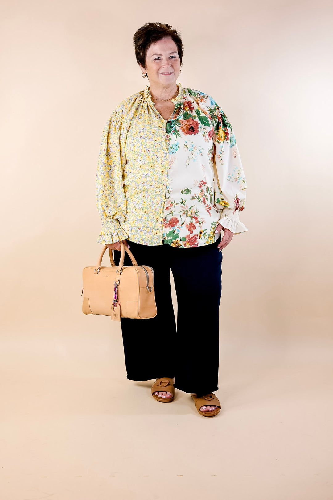 Tulip Time Floral Mix Print Button Up Blouse in Yellow - Giddy Up Glamour Boutique