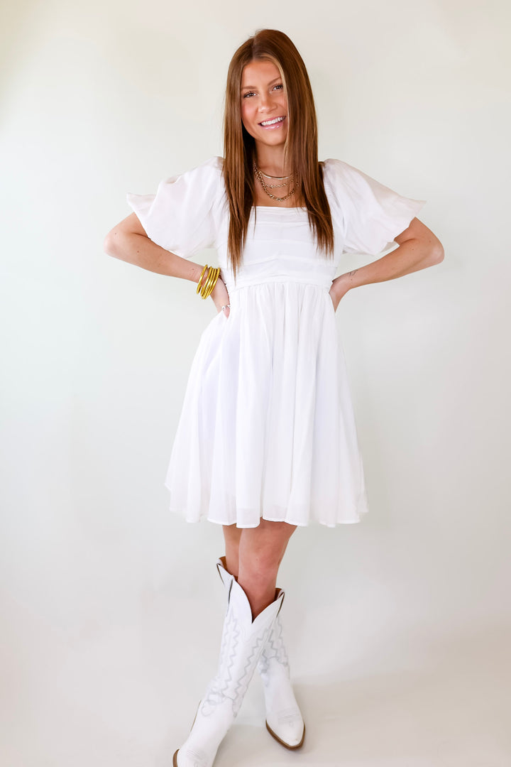 Livin Free Off The Shoulder Pleated Dress With Puffed Sleeves in White - Giddy Up Glamour Boutique