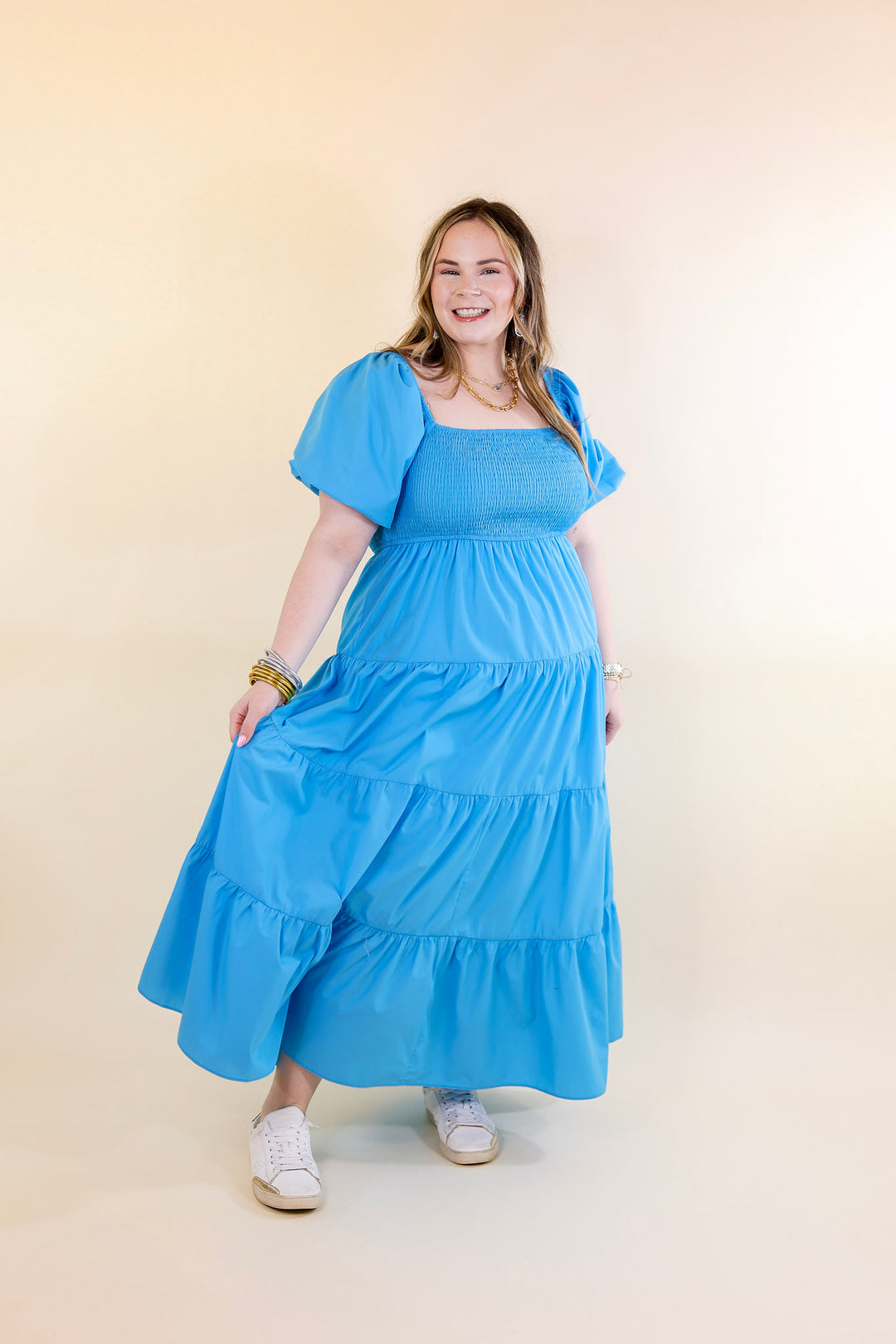 Santorini Sunshine Short Balloon Sleeve Maxi Dress in Blue