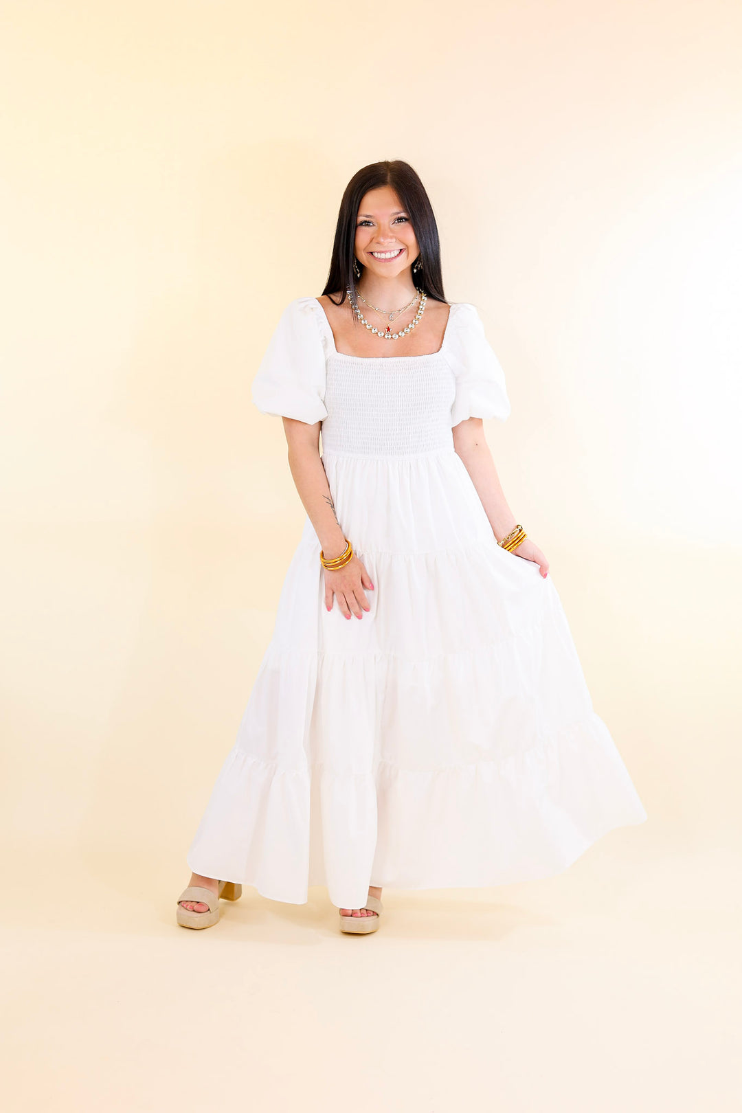 Santorini Sunshine Short Balloon Sleeve Maxi Dress in White