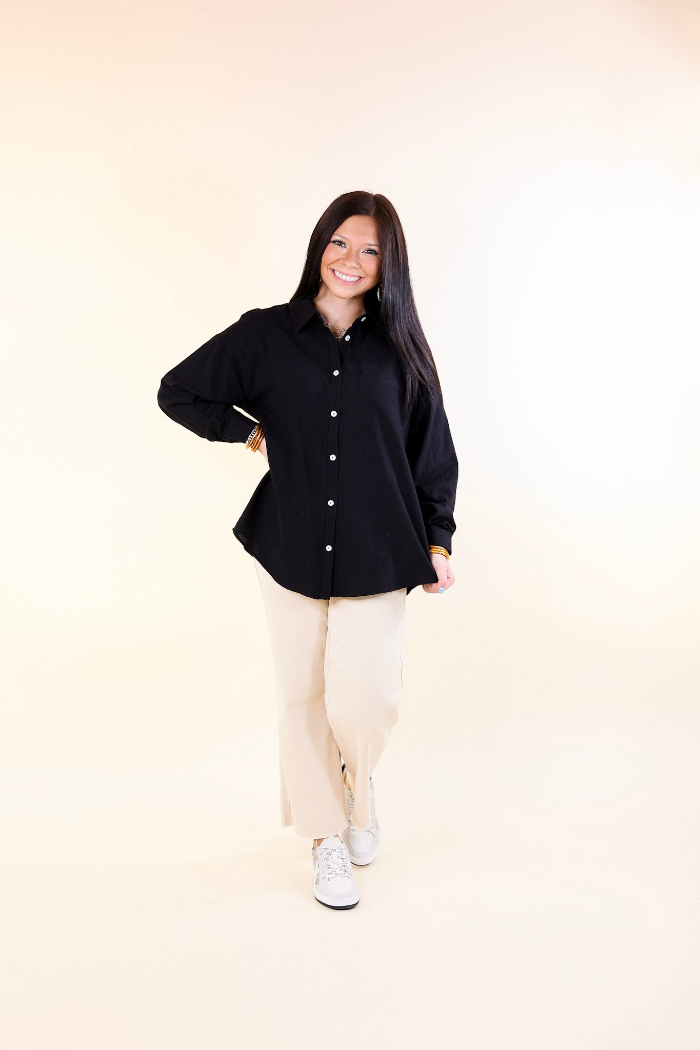 Don't Let Me Down Button Up Long Sleeve Top in Black