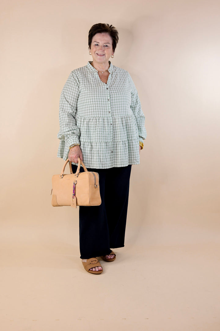 Wonderful Wishes Button Up Gingham Top with Long Sleeves in Sage Green - Giddy Up Glamour Boutique