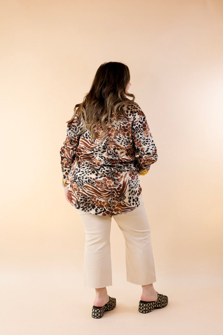 Tell Me Something Good Mixed Animal Print Long Sleeve Button Up Top in Brown - Giddy Up Glamour Boutique
