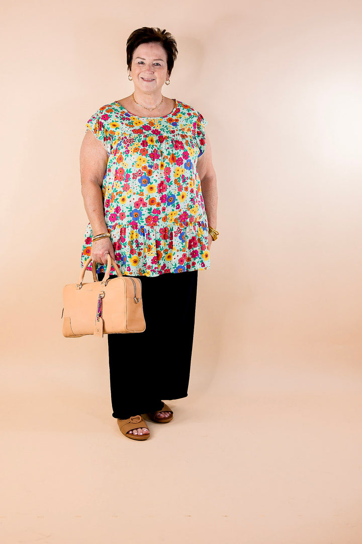 Full of Life Multicolor Floral Ruffle Sleeve Top in Light Green - Giddy Up Glamour Boutique