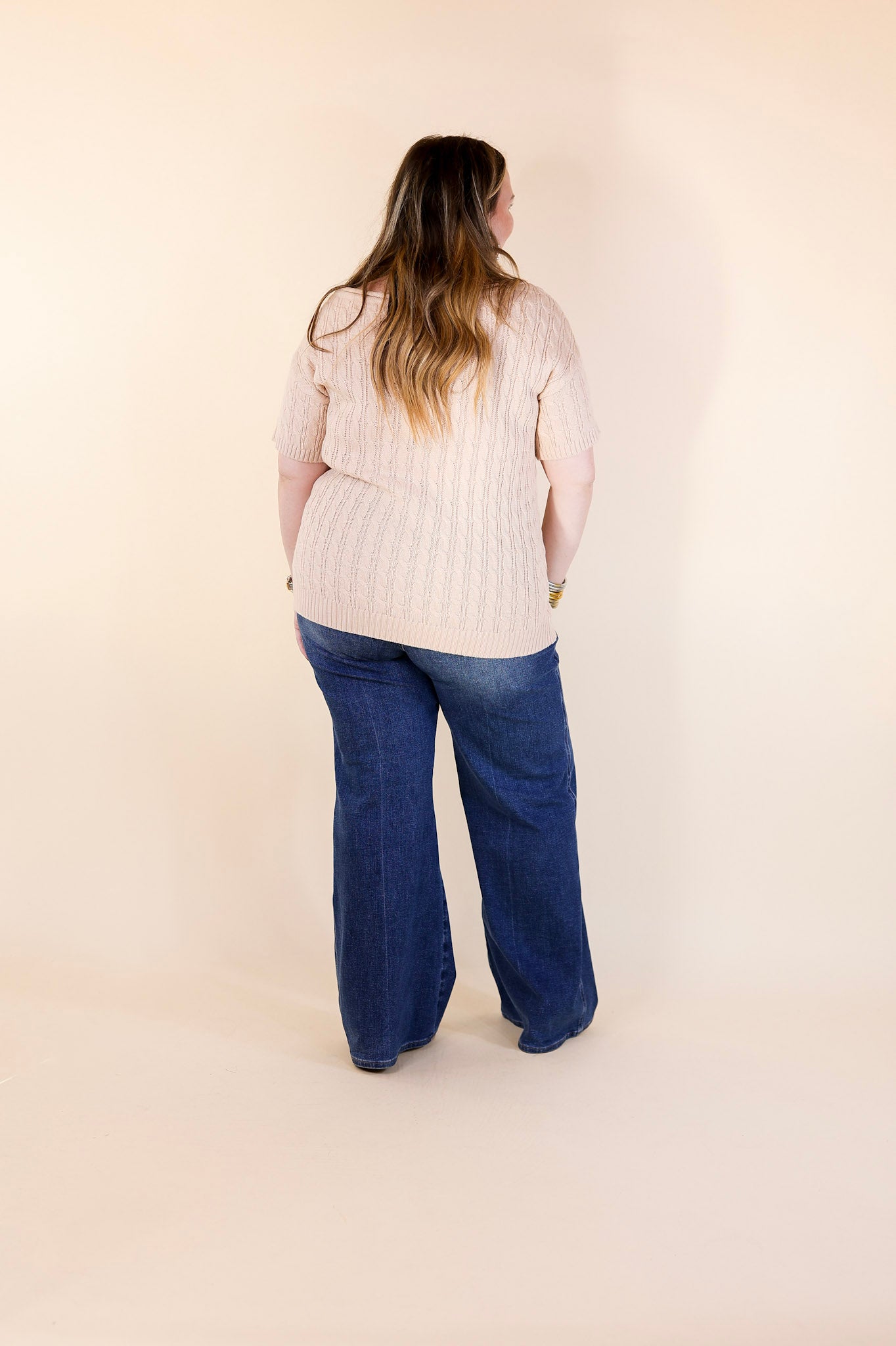 Day Date Short Sleeve Sweater with Scoop Neckline in Beige