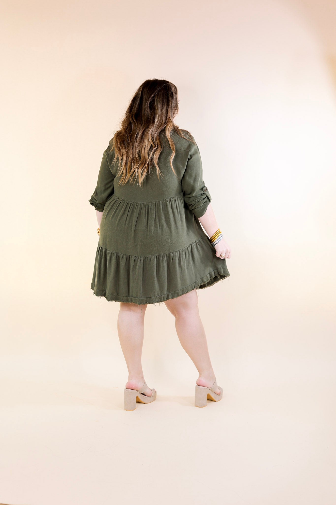 Chic Darling Ruffle Tiered Button Up Dress with Long Sleeves in Olive Green