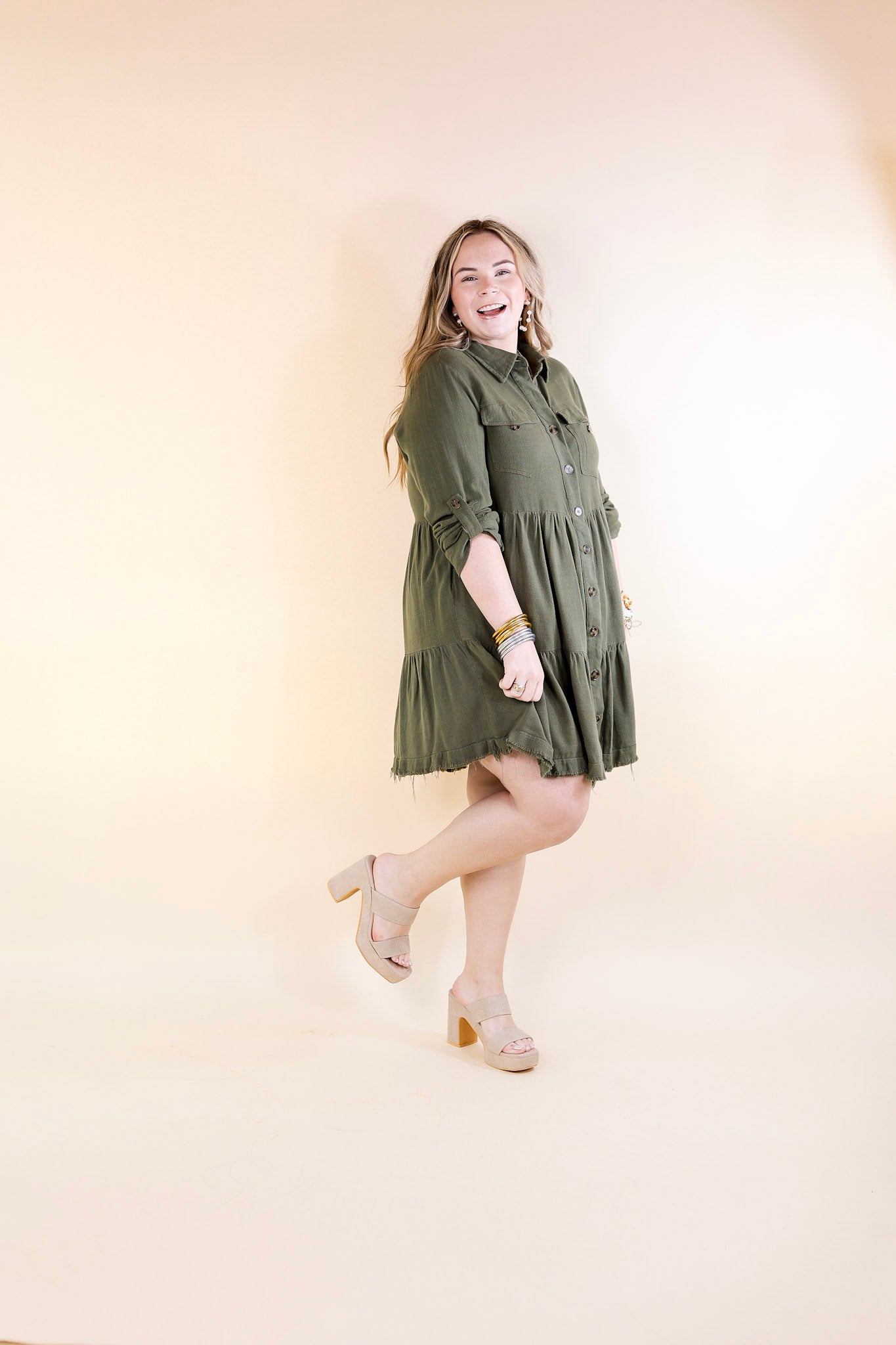 Chic Darling Ruffle Tiered Button Up Dress with Long Sleeves in Olive Green