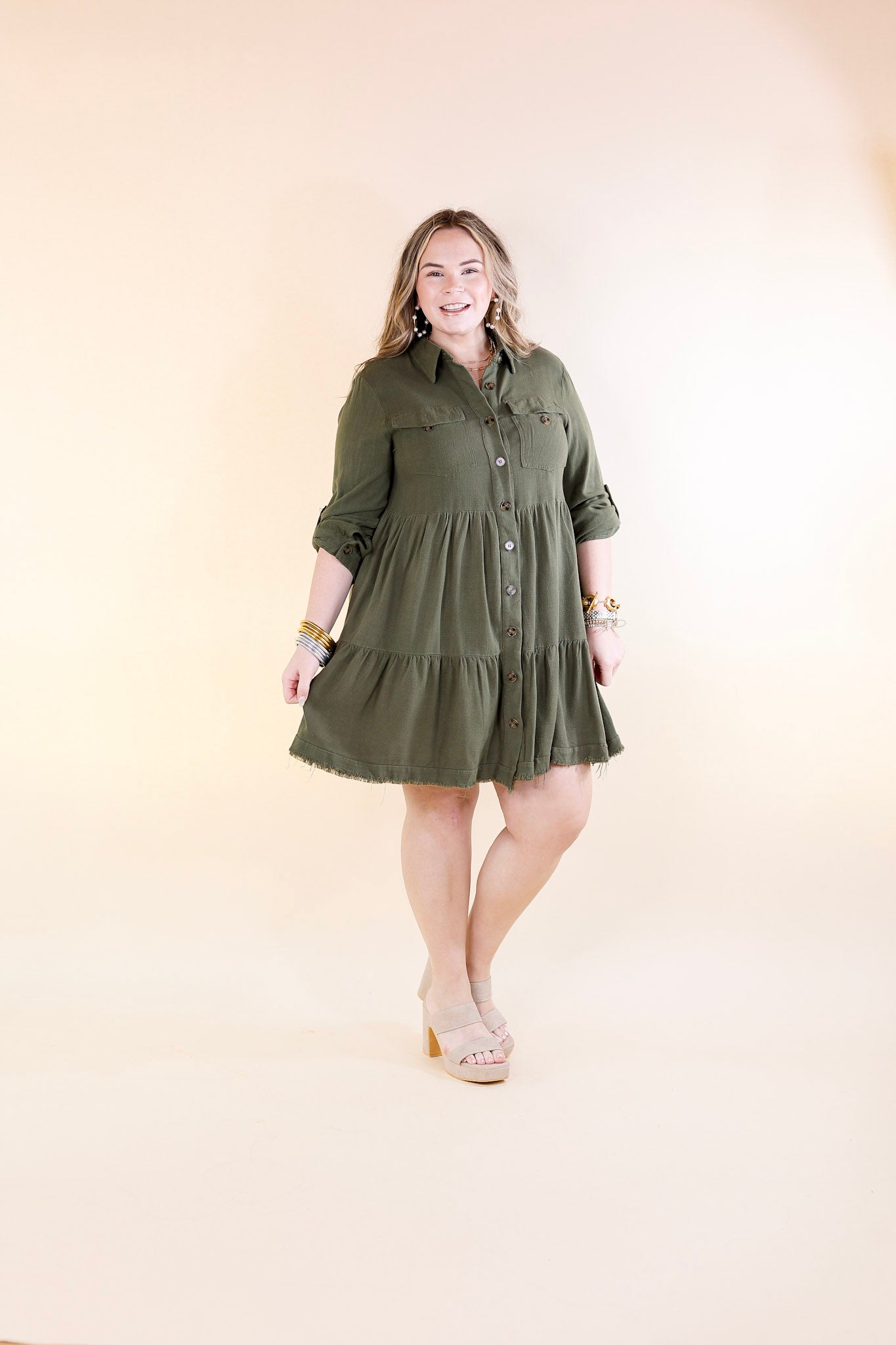 Chic Darling Ruffle Tiered Button Up Dress with Long Sleeves in Olive Green