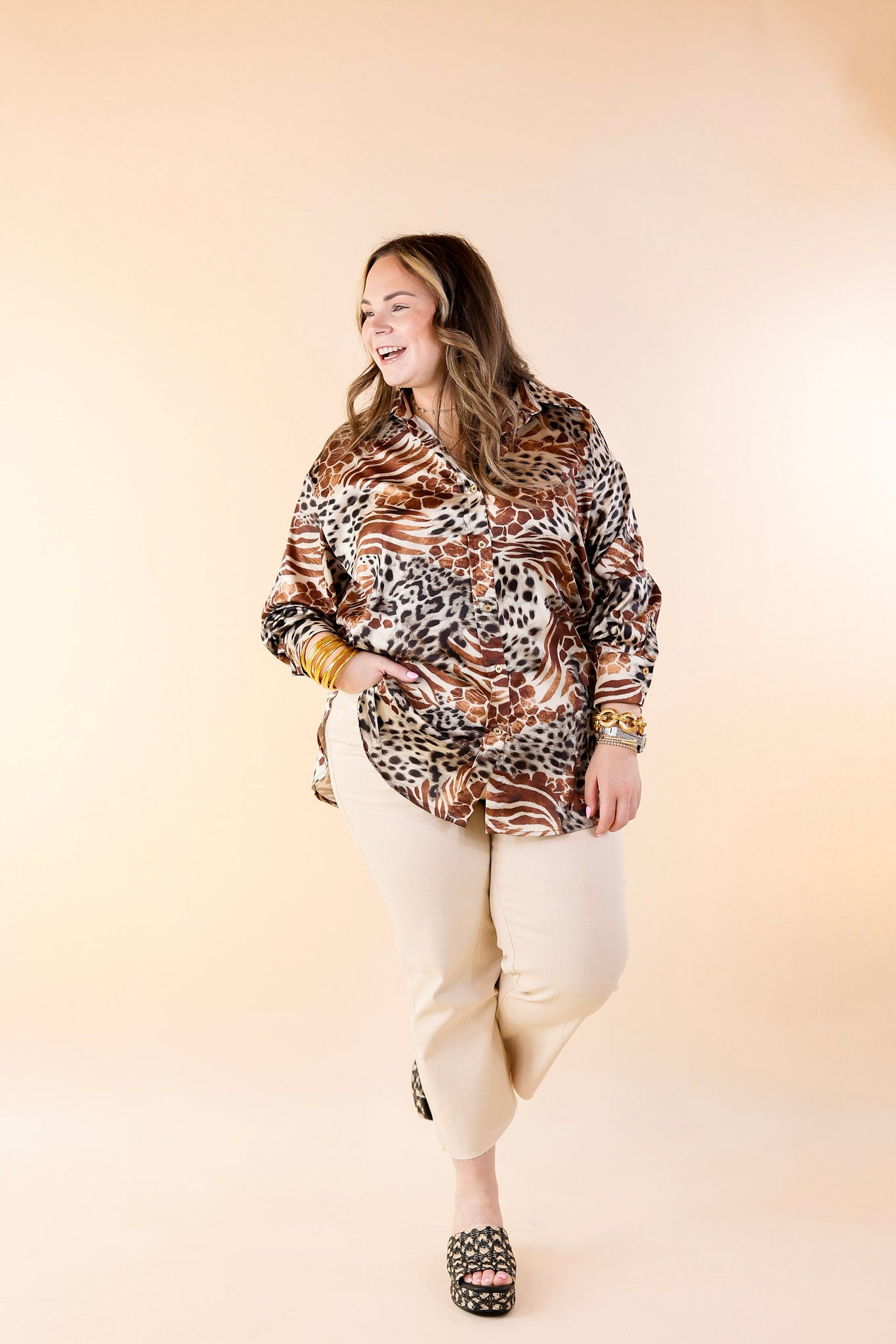 Tell Me Something Good Mixed Animal Print Long Sleeve Button Up Top in Brown - Giddy Up Glamour Boutique