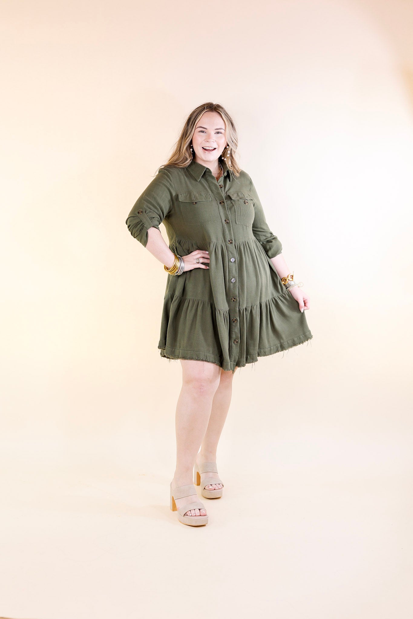 Chic Darling Ruffle Tiered Button Up Dress with Long Sleeves in Olive Green