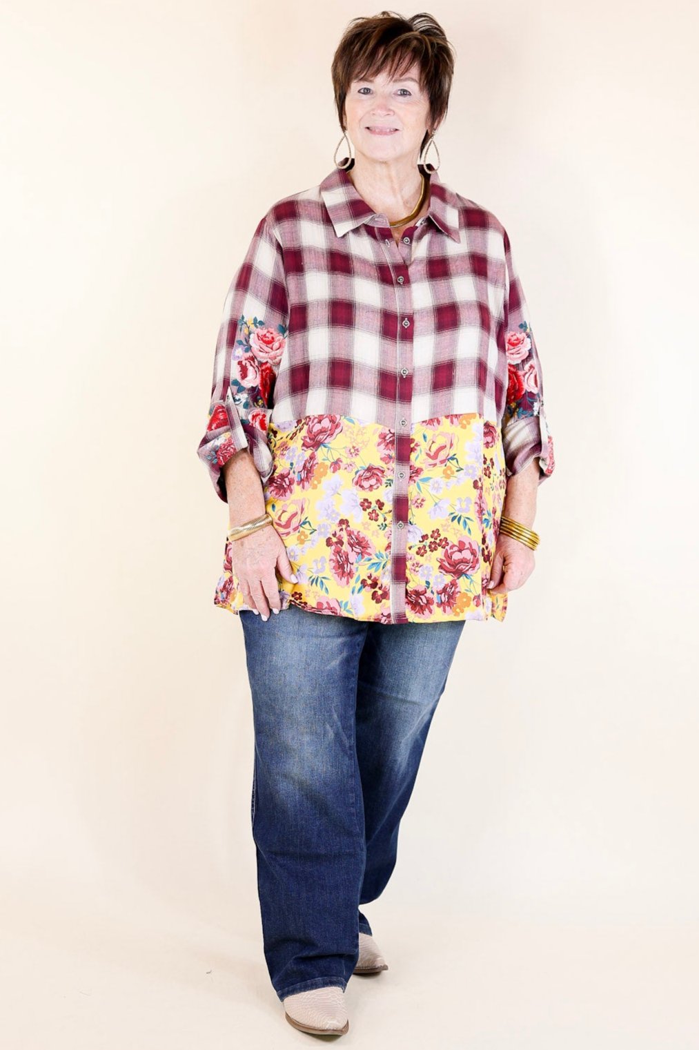 Crisp Air Charm Plaid and Floral Print Long Sleeve Top with Embroidery in Maroon and Mustard Yellow