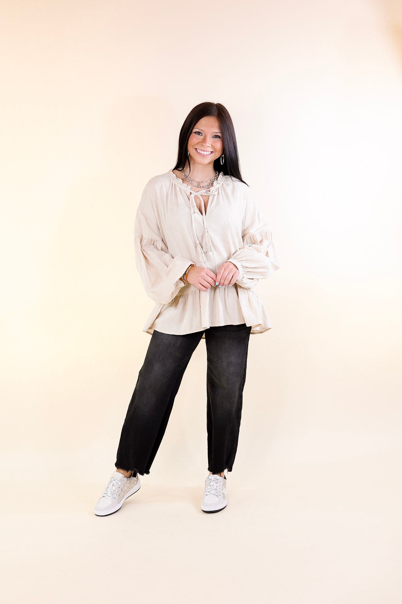 Free Fallin' Textured Long Sleeve Peplum Top with Keyhole Front in Beige