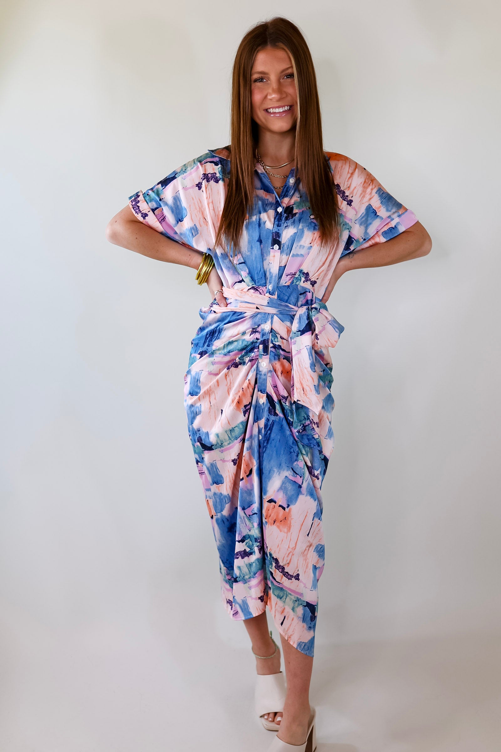 Abstract Meetings Collared Button Up Midi Dress With a Tied Waist in Blue and Coral Pink