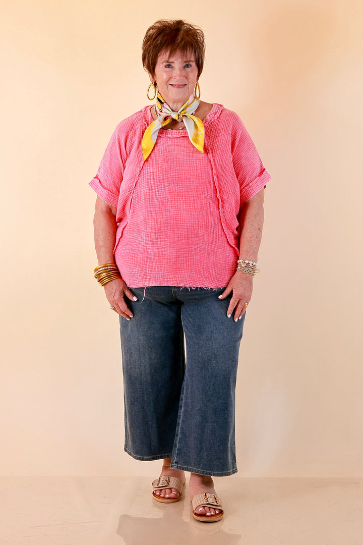Everyday Ease Short Sleeve Linen Top with Raw Hem Edges in Hot Pink