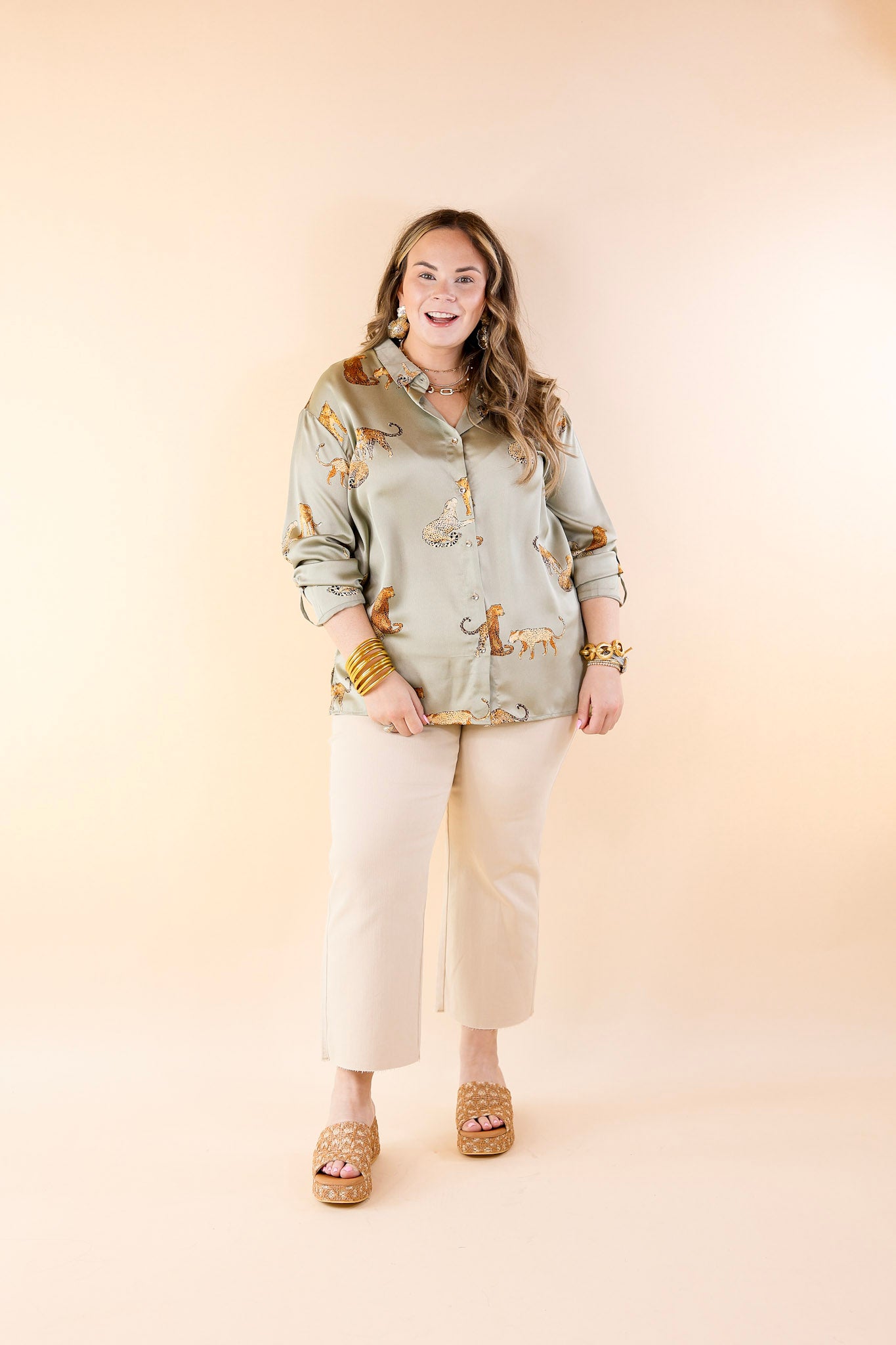 Wild For You Button Up Cheetah Print Top with Long Sleeves in Olive Green - Giddy Up Glamour Boutique