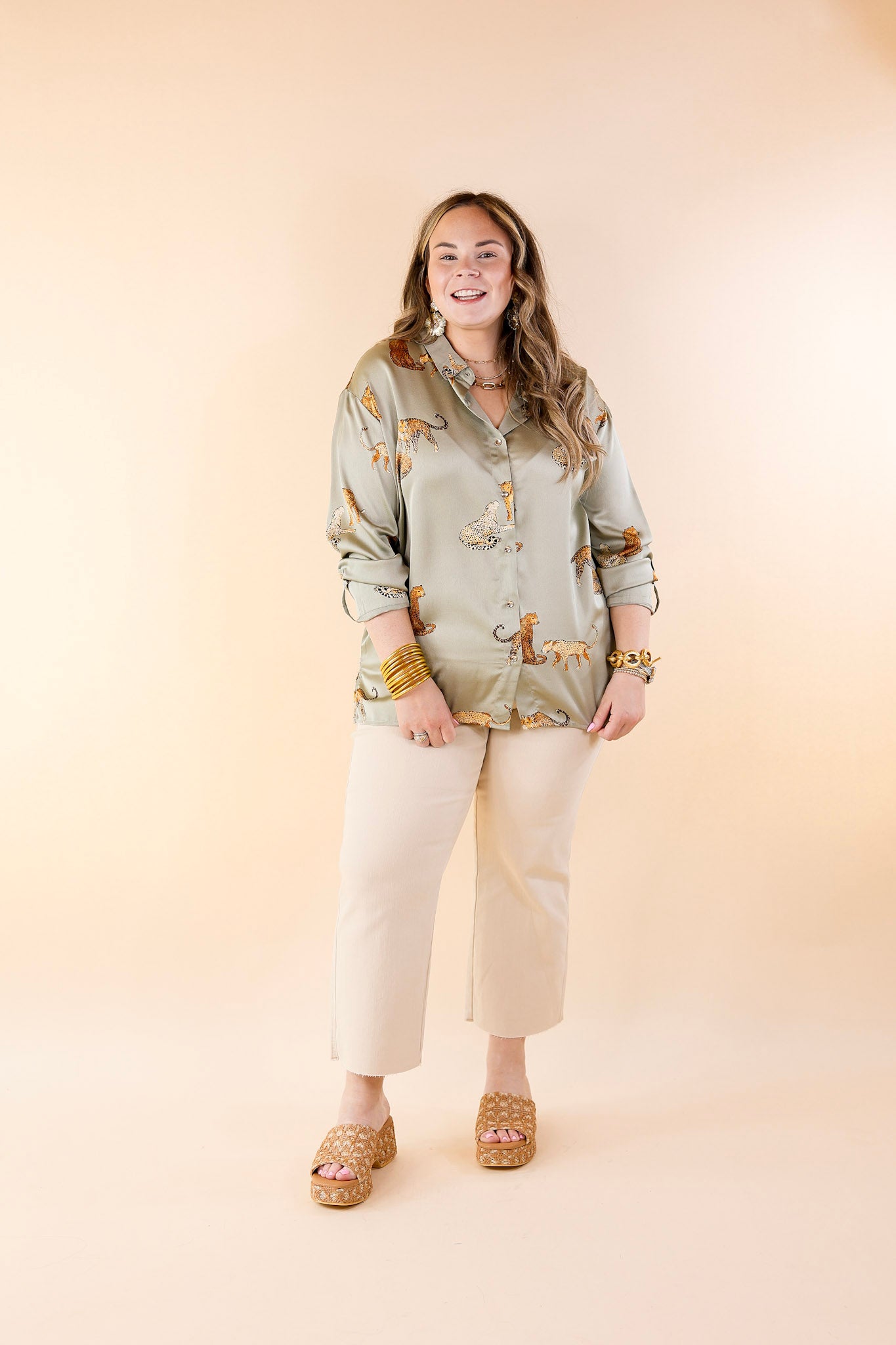 Wild For You Button Up Cheetah Print Top with Long Sleeves in Olive Green - Giddy Up Glamour Boutique