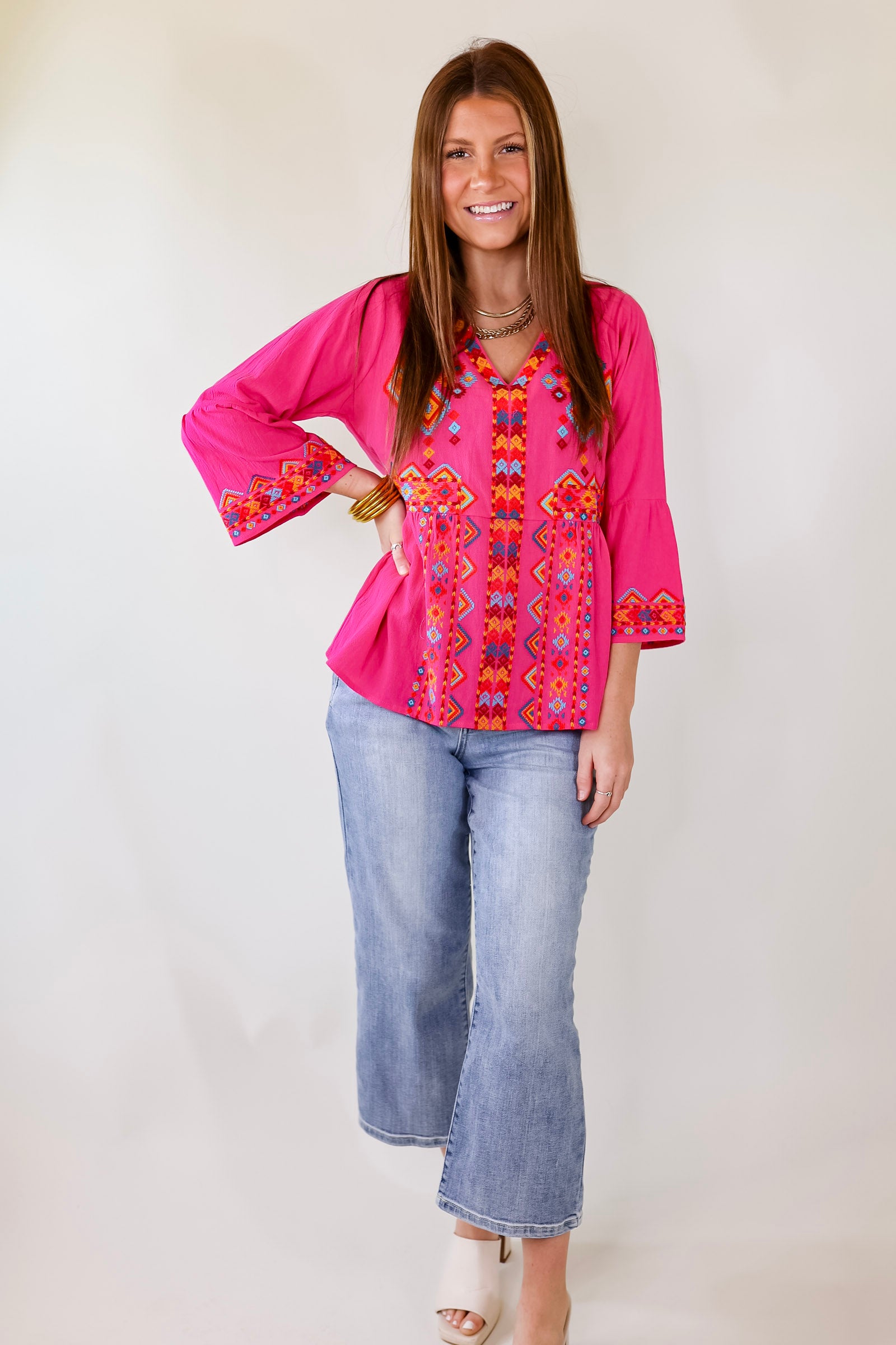 The Party Has Arrived 3/4 Sleeve V Neck Top With Embroidered Tribal Print in Pink - Giddy Up Glamour Boutique
