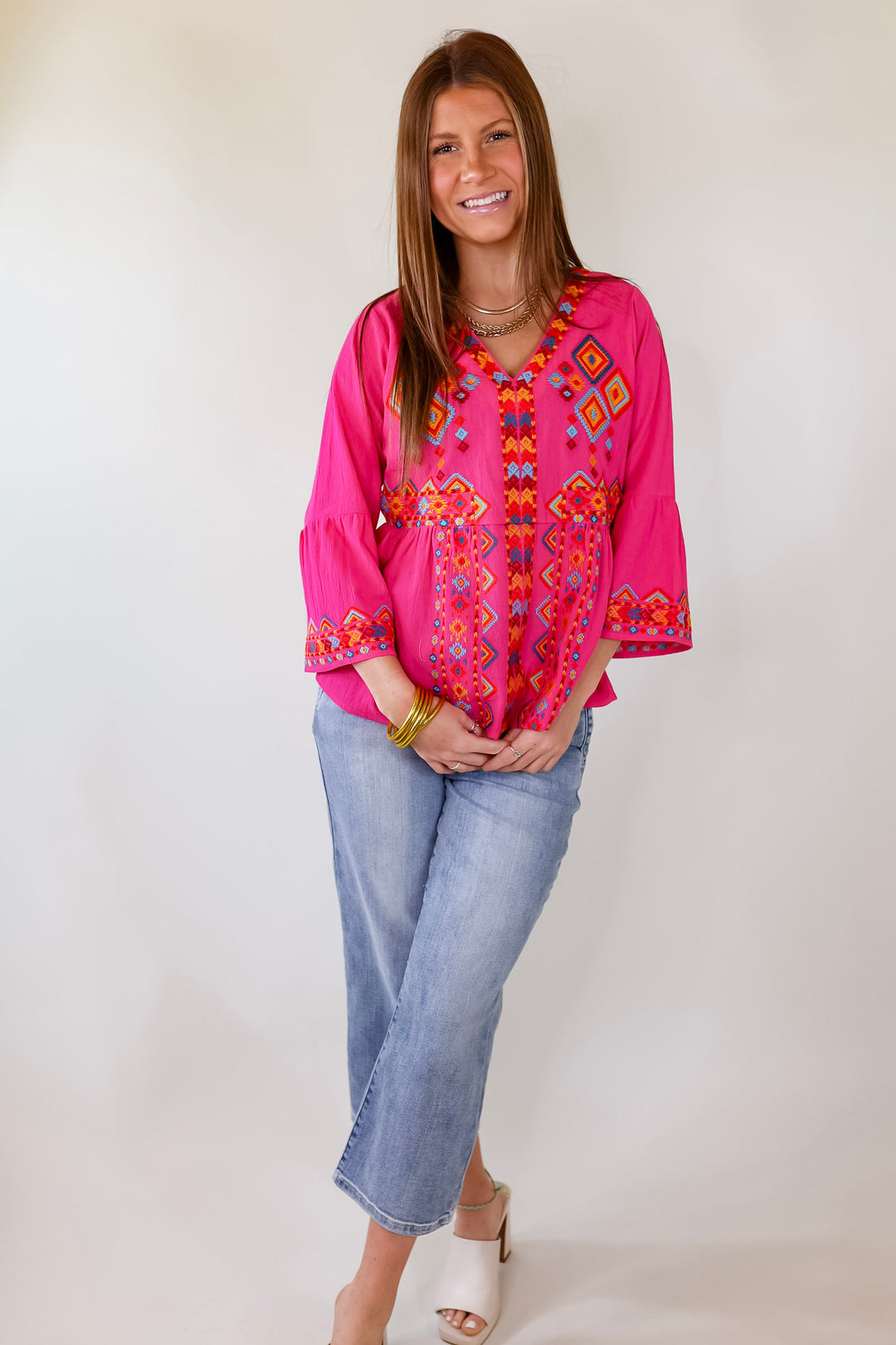 The Party Has Arrived 3/4 Sleeve V Neck Top With Embroidered Tribal Print in Pink - Giddy Up Glamour Boutique