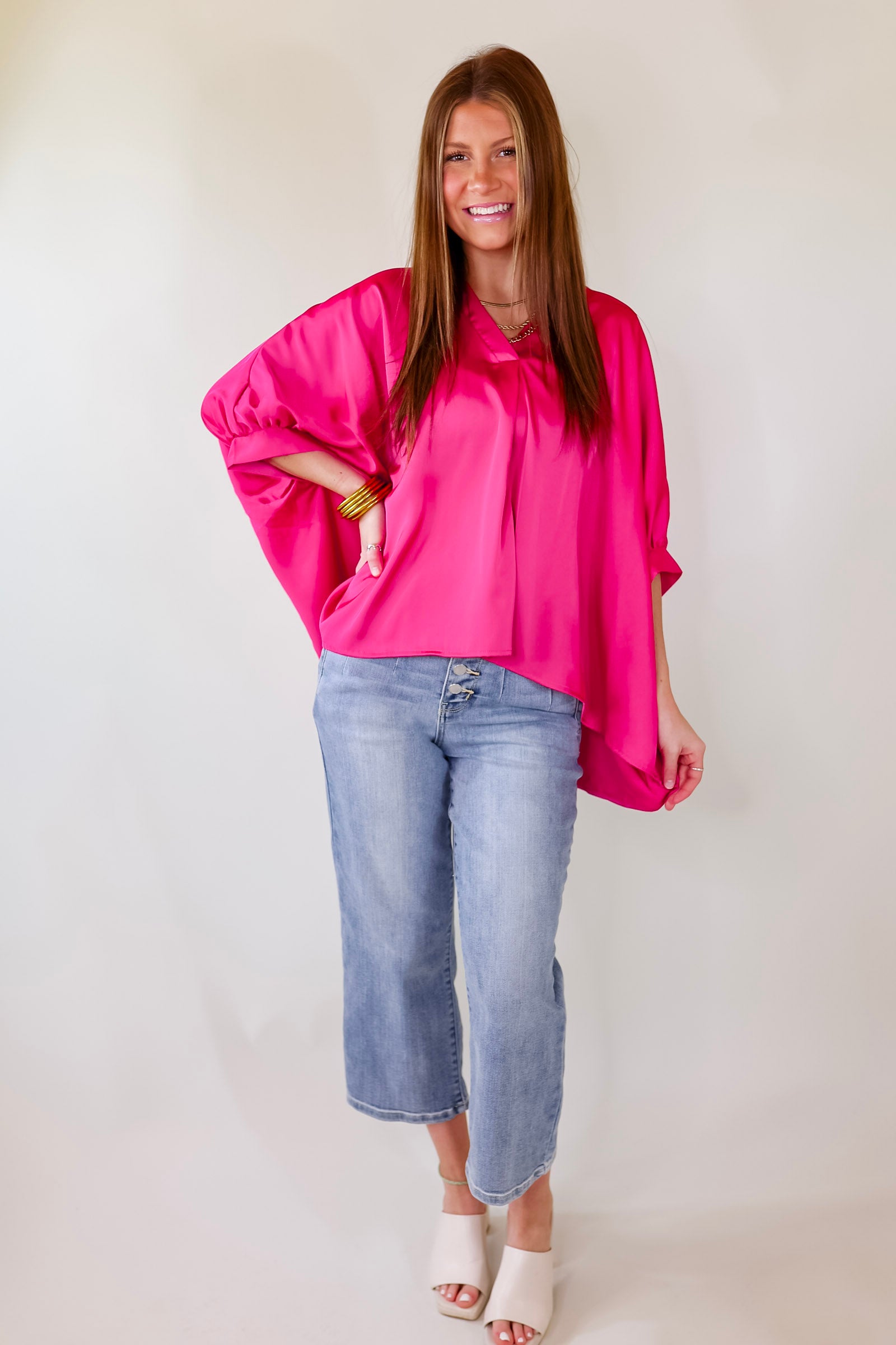 Irresistibly Chic Half Sleeve Oversized Blouse in Fuchsia Pink - Giddy Up Glamour Boutique