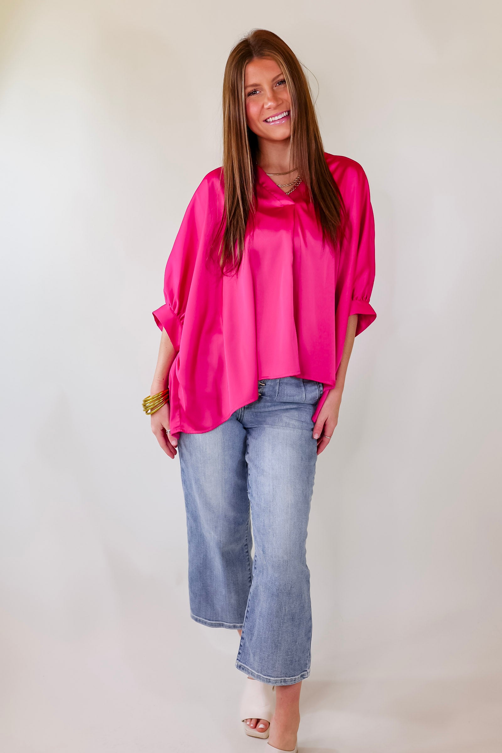Irresistibly Chic Half Sleeve Oversized Blouse in Fuchsia Pink - Giddy Up Glamour Boutique