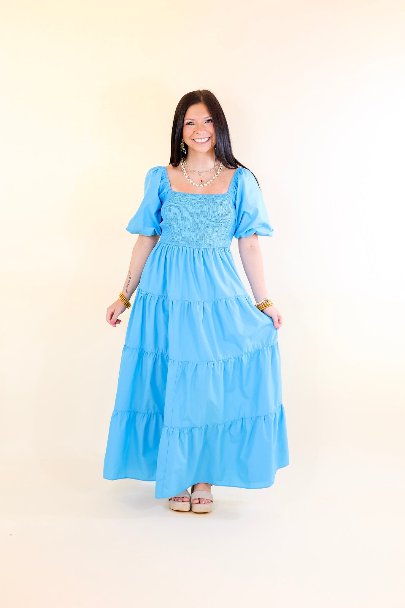 Santorini Sunshine Short Balloon Sleeve Maxi Dress in Blue
