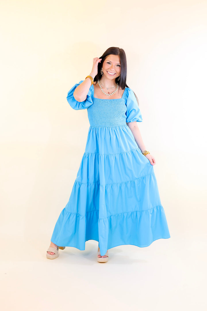 Santorini Sunshine Short Balloon Sleeve Maxi Dress in Blue