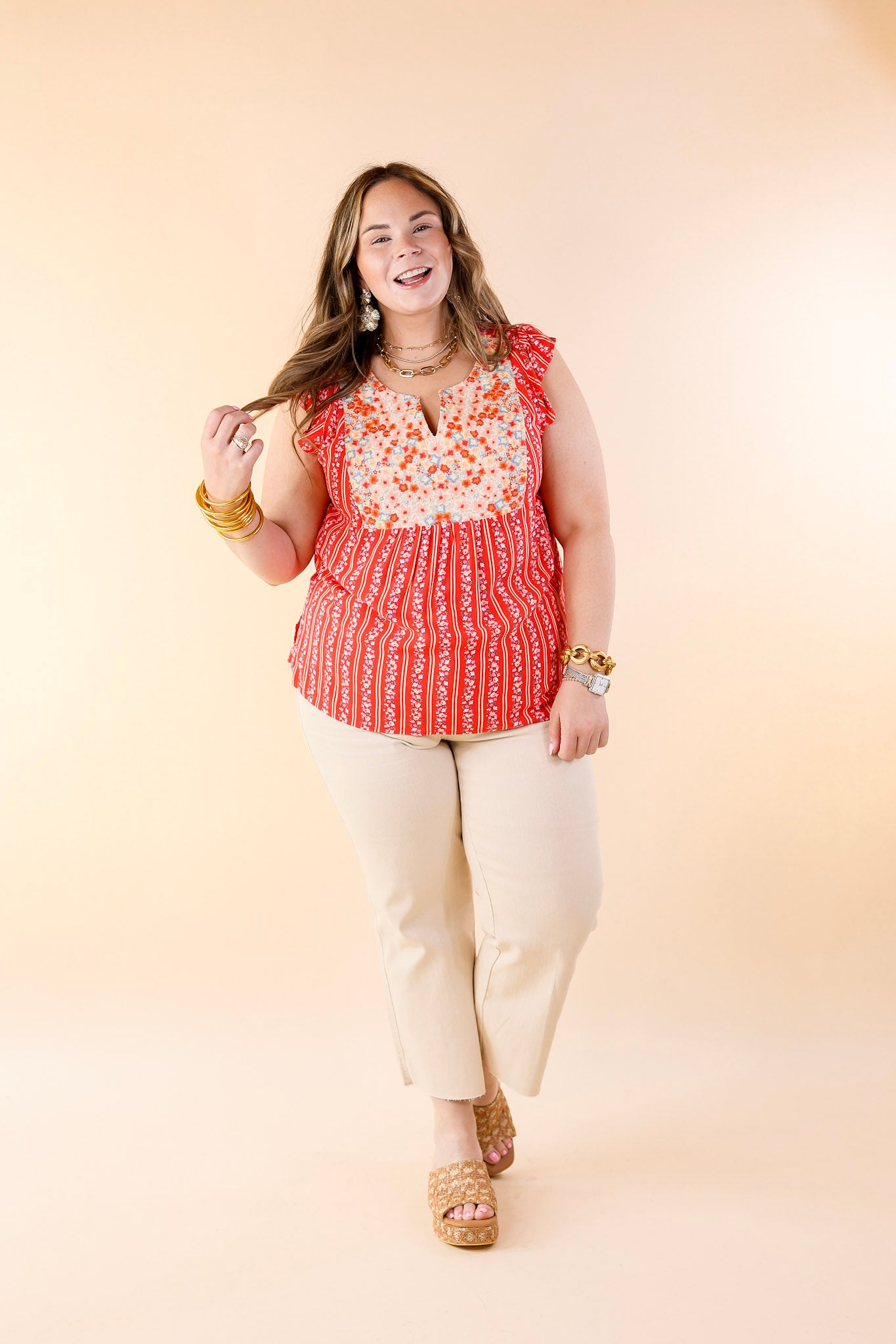 Sweet Reminder Floral and Stripe Print Top with Embroidered Yoke in Red