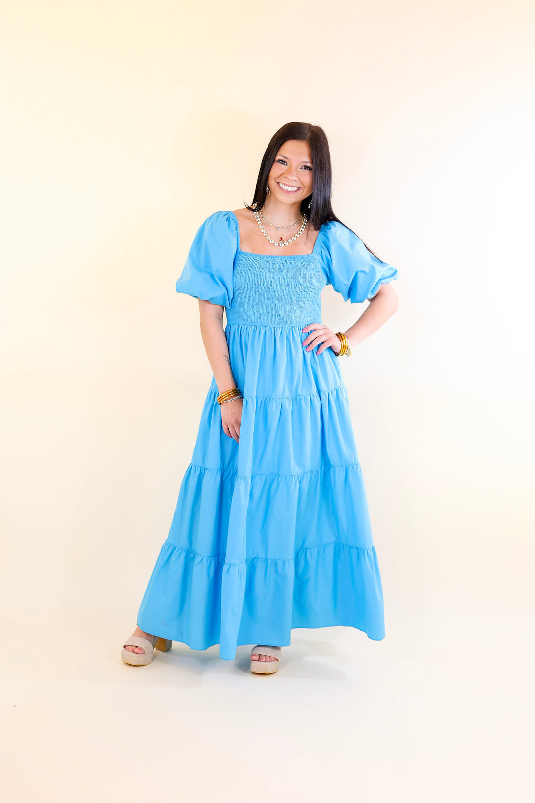 Santorini Sunshine Short Balloon Sleeve Maxi Dress in Blue
