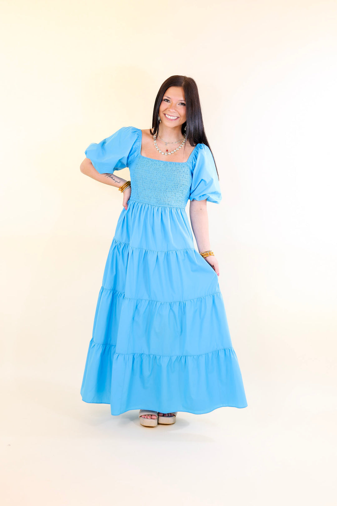 Santorini Sunshine Short Balloon Sleeve Maxi Dress in Blue