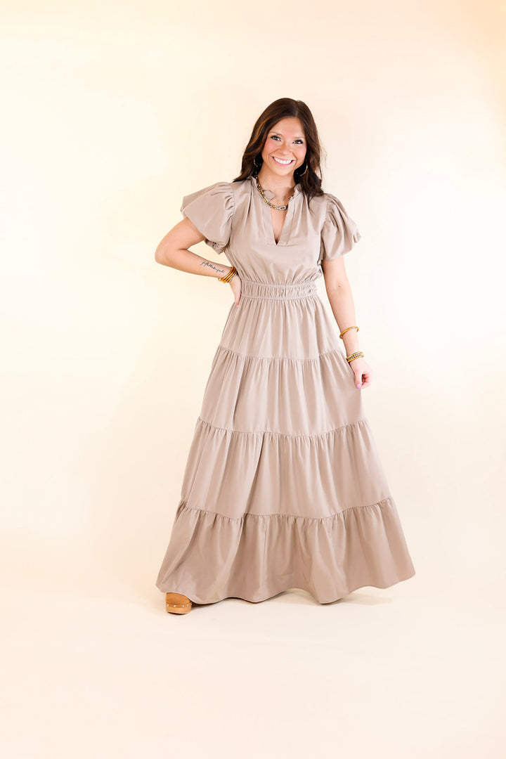 Table for Two Tiered Maxi Dress with Puff Sleeves in Light Mocha Brown