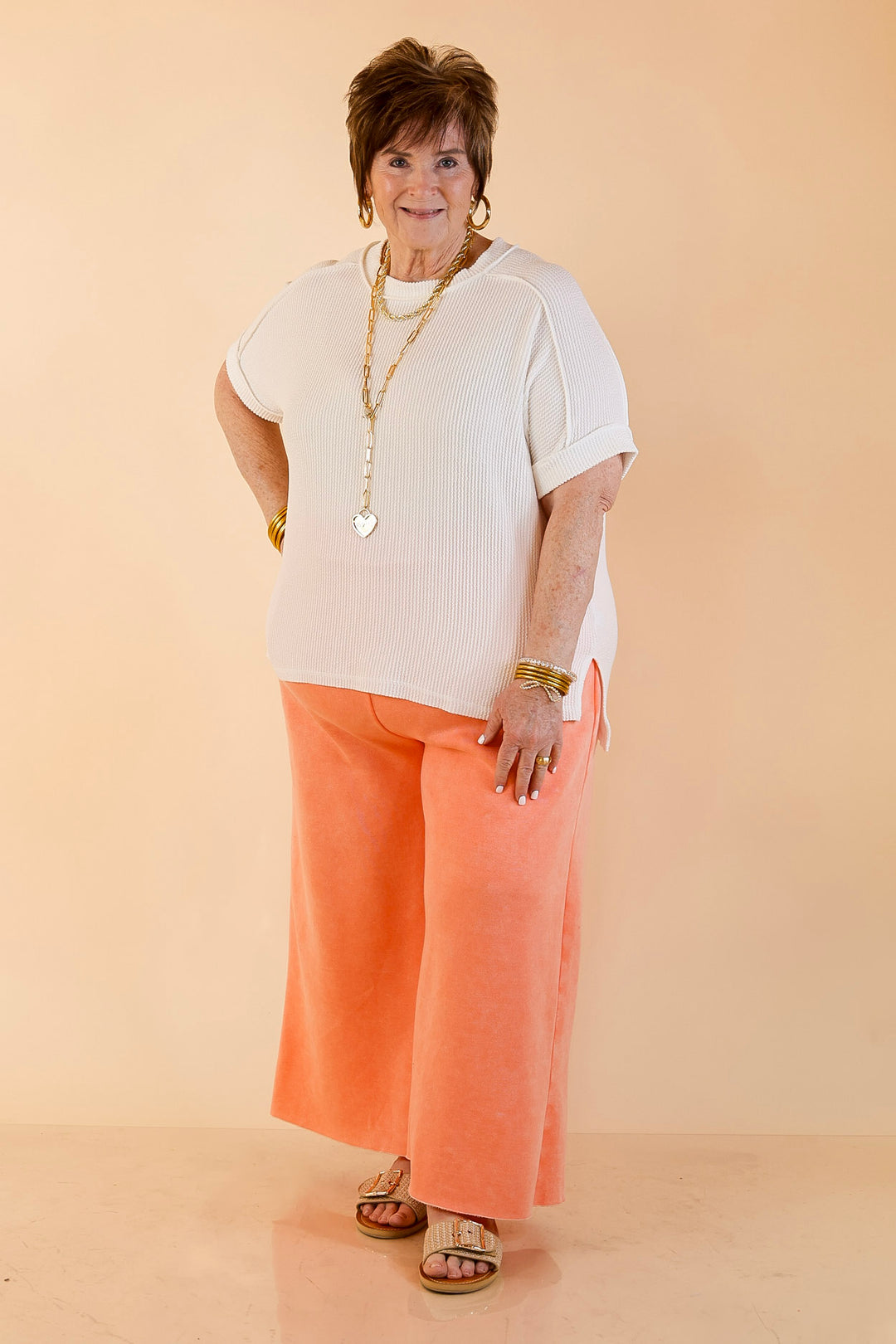 Cozy Girl Cropped Acid Washed Drawstring Pant in Coral Orange