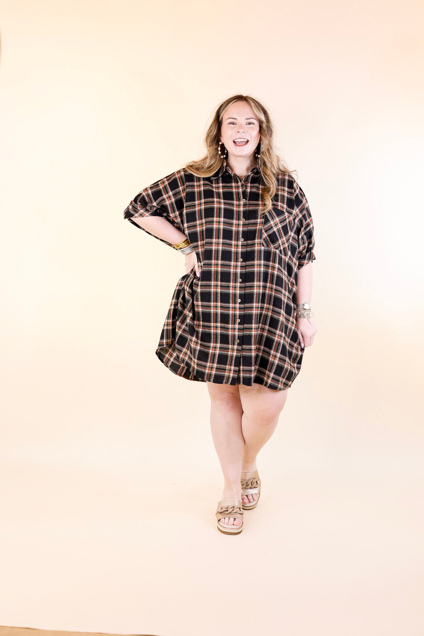 Cozy And Kind Button Up Plaid Dress in Black