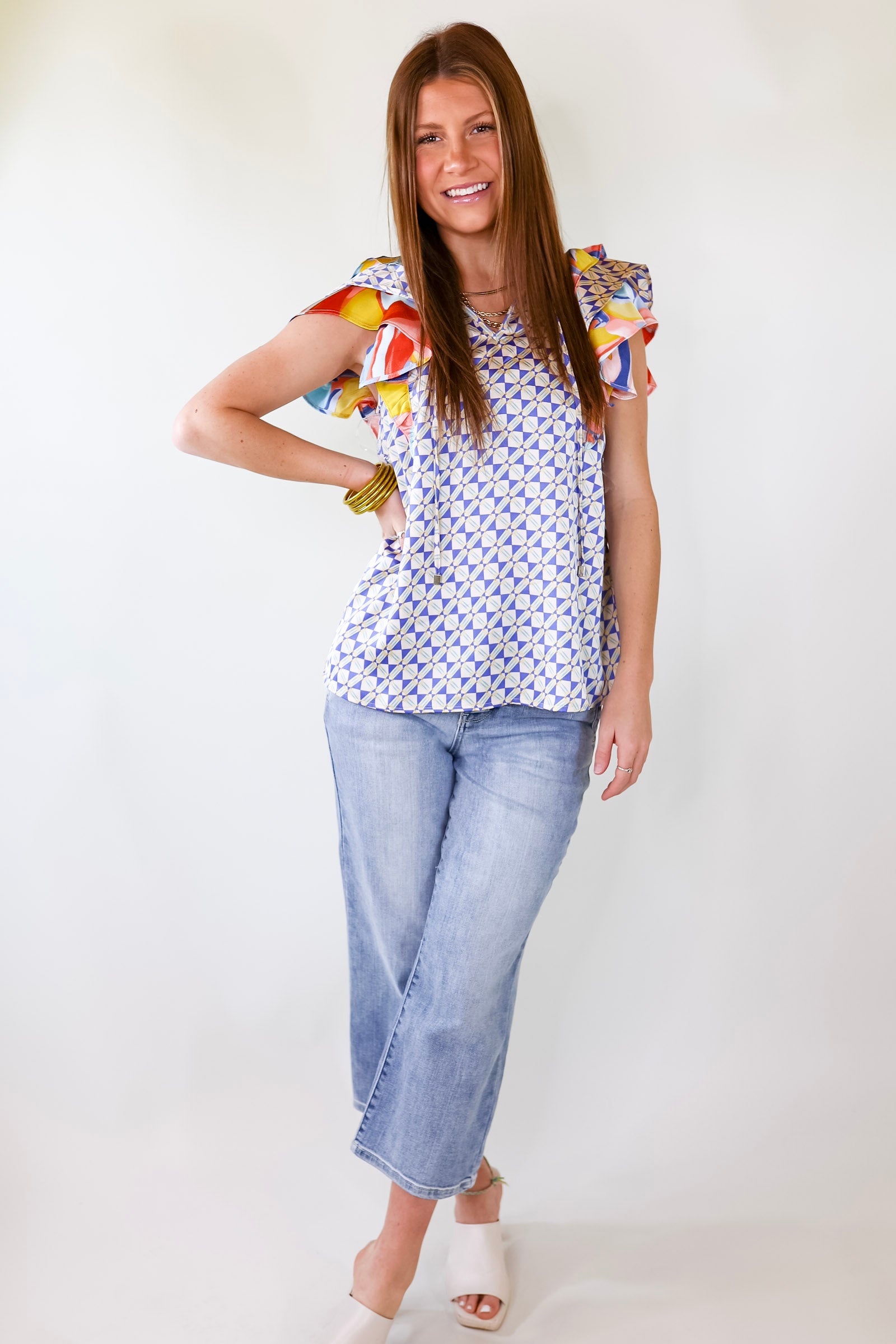 Blissful Expressions Ruffled Capped Sleeves and Tied Keyhole Neck Tee in Beige and Blue - Giddy Up Glamour Boutique