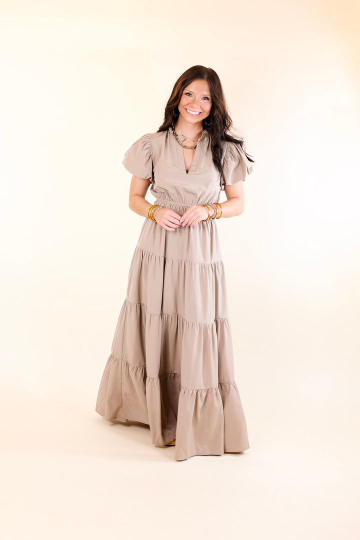 Table for Two Tiered Maxi Dress with Puff Sleeves in Light Mocha Brown