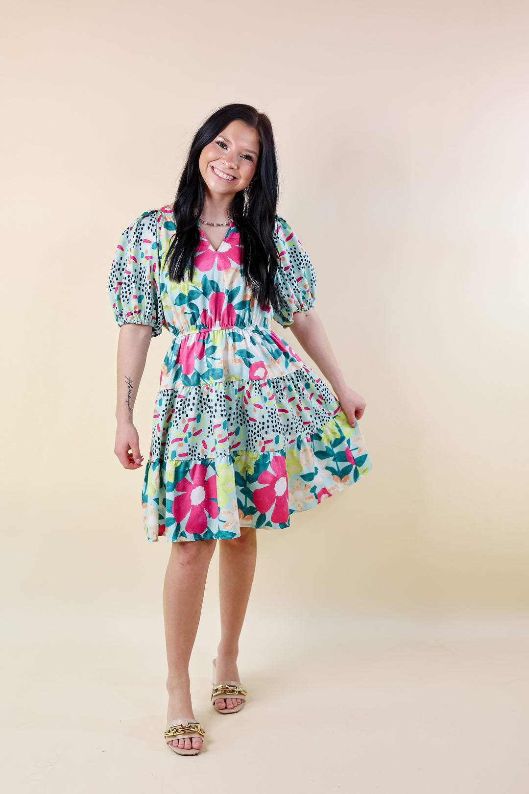 Gramercy Garden Floral Tiered Dress with Short Balloon Sleeves in Light Mint Blue Mix - Giddy Up Glamour Boutique