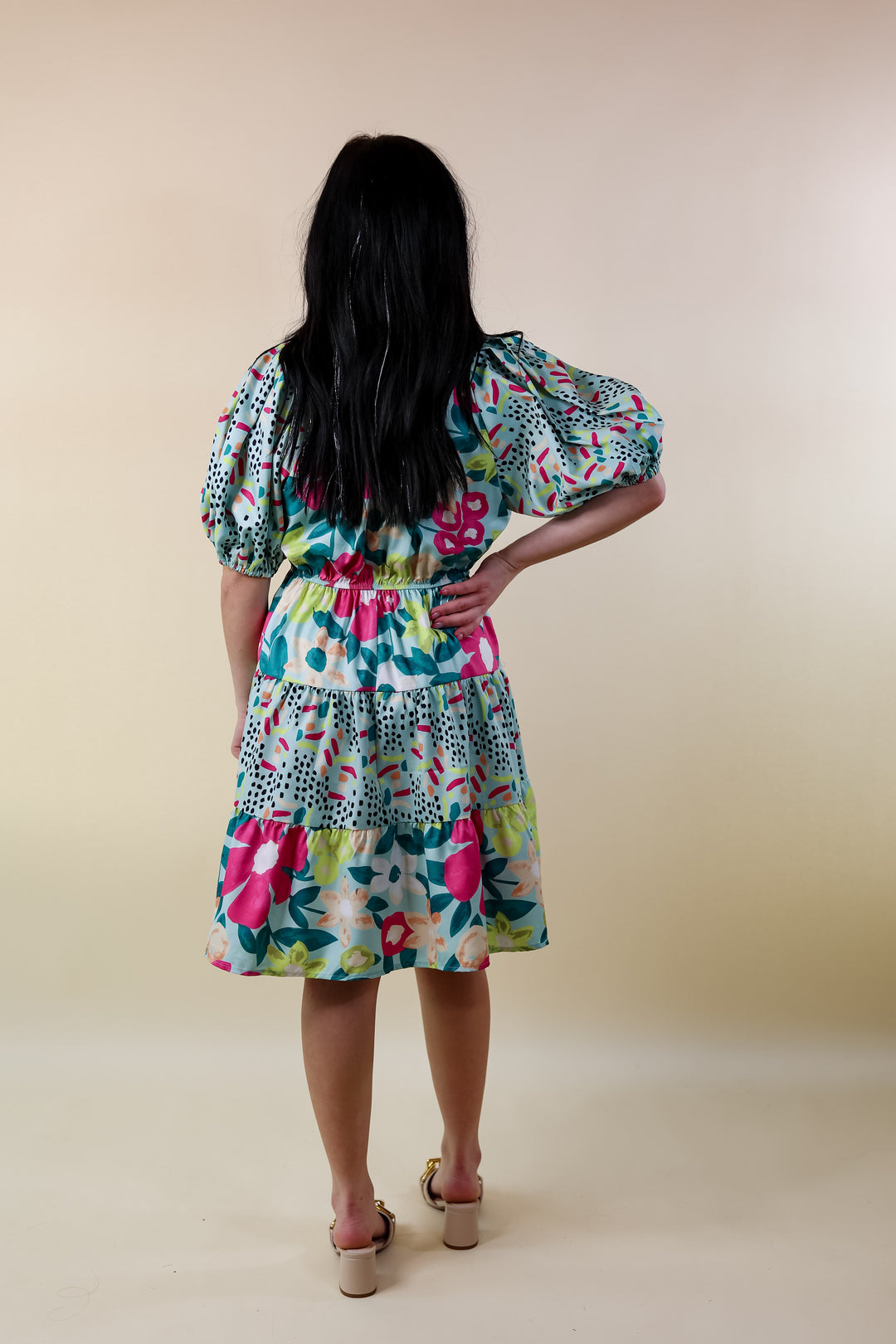 Gramercy Garden Floral Tiered Dress with Short Balloon Sleeves in Light Mint Blue Mix - Giddy Up Glamour Boutique